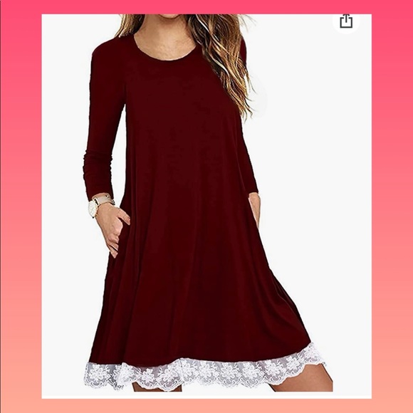 Dresses & Skirts - 🔥 Women's Long Sleeve Lace Hem T-Shirt Loose Dress with Pockets